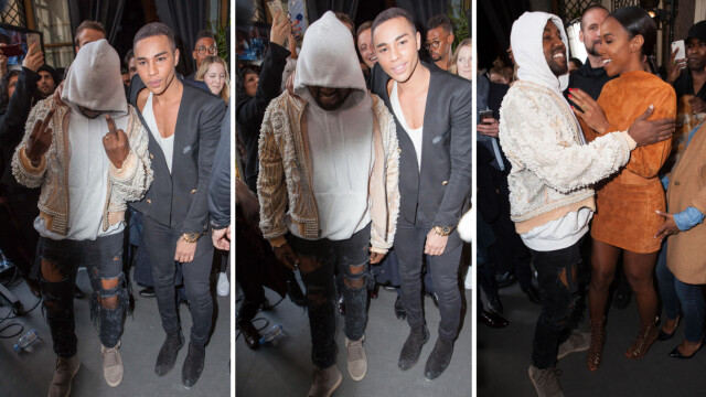 I «GODT» HUMØR: Om Kanye West så ut til å ha fått nok av svigermor, gav han litt mer av seg selv da han hilste på Balmains sjefsdesigner Olivier Rousteing og artist Kelly Rowland (ytterst t.h). Foto: NTB Scanpix I «GODT» HUMØR: Om Kanye West så ut til å ha fått nok av svigermor, gav han litt mer av seg selv da han hilste på Balmains sjefsdesigner Olivier Rousteing og artist Kelly Rowland (ytterst t.h). Foto: NTB Scanpix